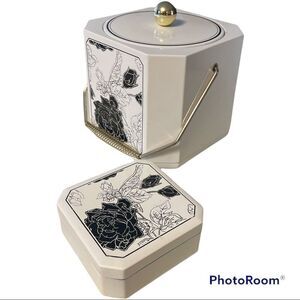 Vintage Mid Century Laquer Ware Ice Bucket and Coasters. Black and white floral.
